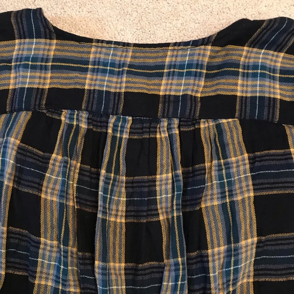 Free People Plaid Crop Top Size L Black Blue Tan Boho Prairie Country Girl Fall